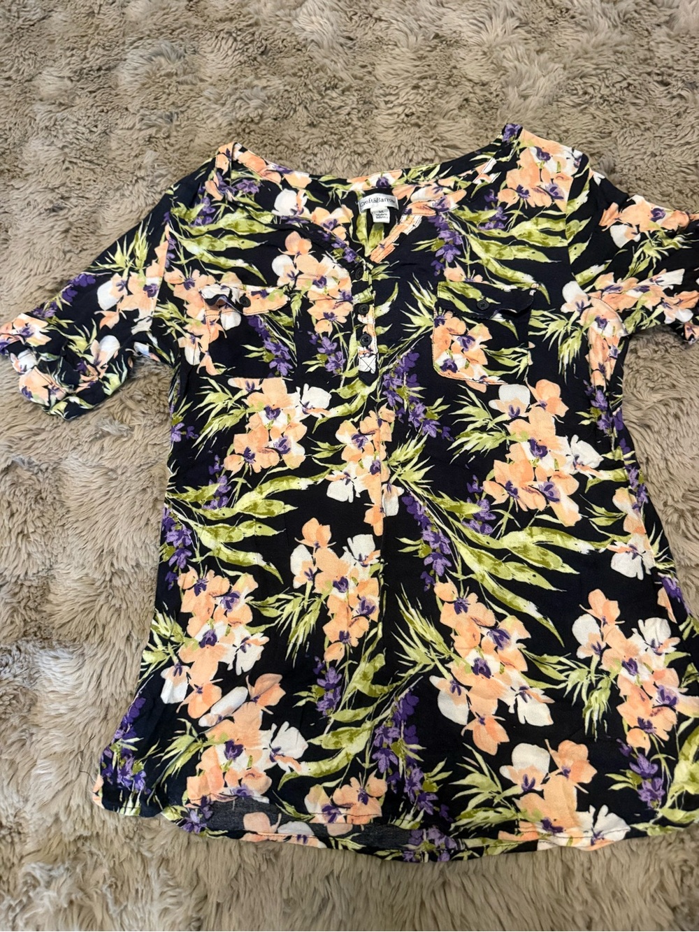 croft & barrow Black Floral Button-Front Tunic with Peach and Green